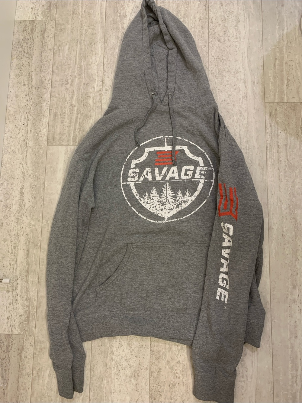 Salvage Gray Hoodie with White Shield Logo and Red Accents